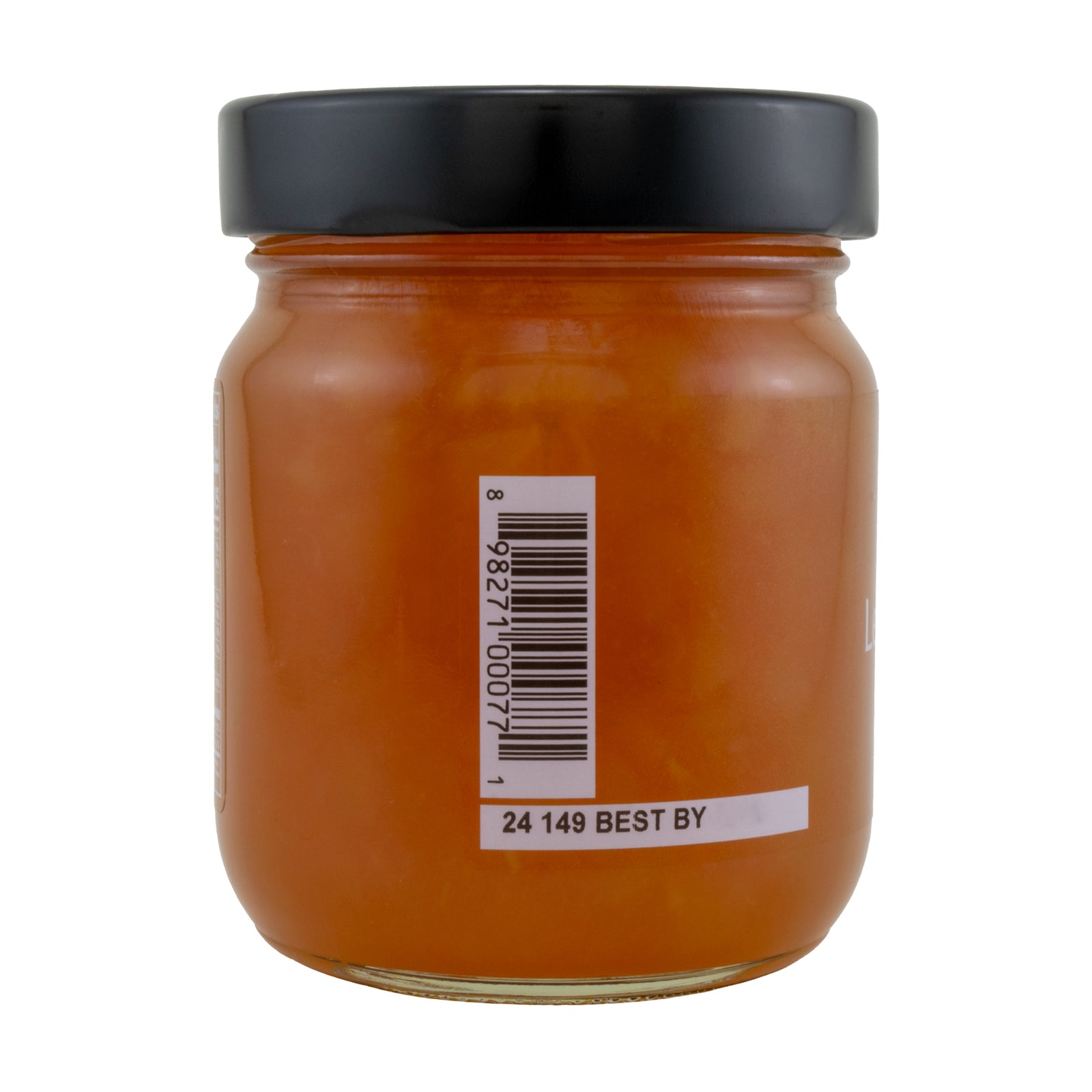 Close-up left side view of the Oregon Growers Pear Lemon Pear Fruit Pate, showing a bar code. The jar is sealed with a black lid and has a net weight of 12 oz/340g.