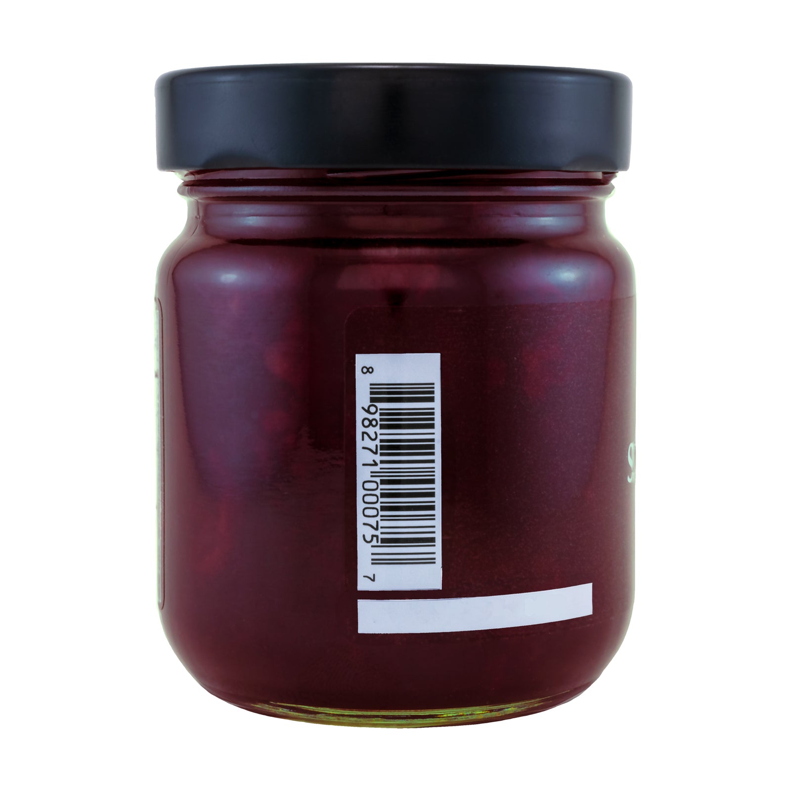 Close-up left side view of the Oregon Growers Pear Strawberry Fig Fruit Pate, showing a bar code. The jar is sealed with a black lid and has a net weight of 12 oz/340g.
