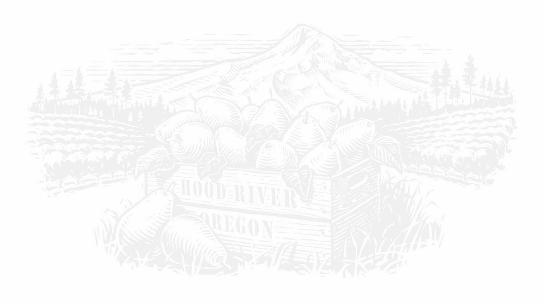 Watermark graphic of an artistic drawing showing a wooden crate full of pears with Mount Hood in the background.