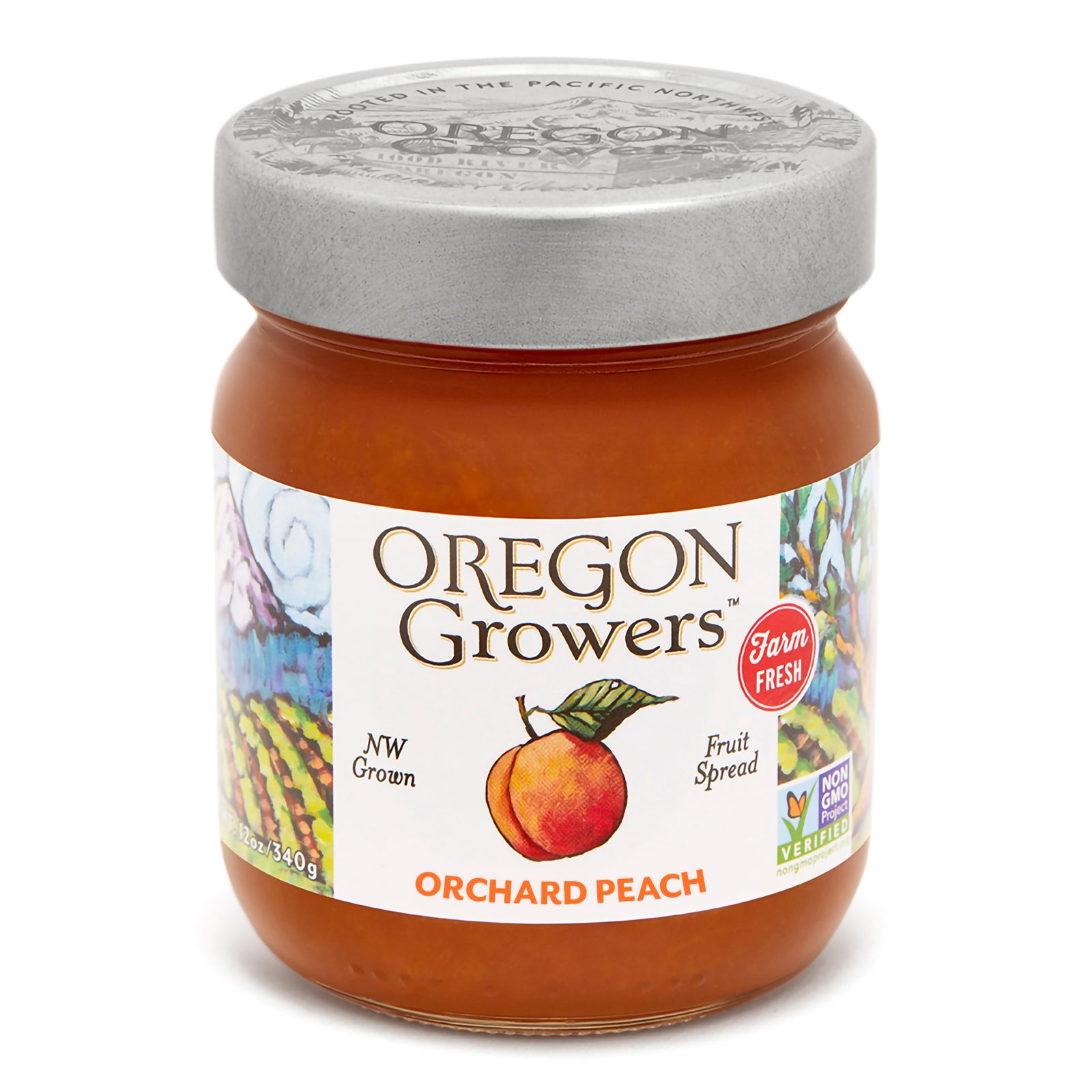Close-up of the Oregon Growers Orchard Peach Jam 12 oz. glass jar.