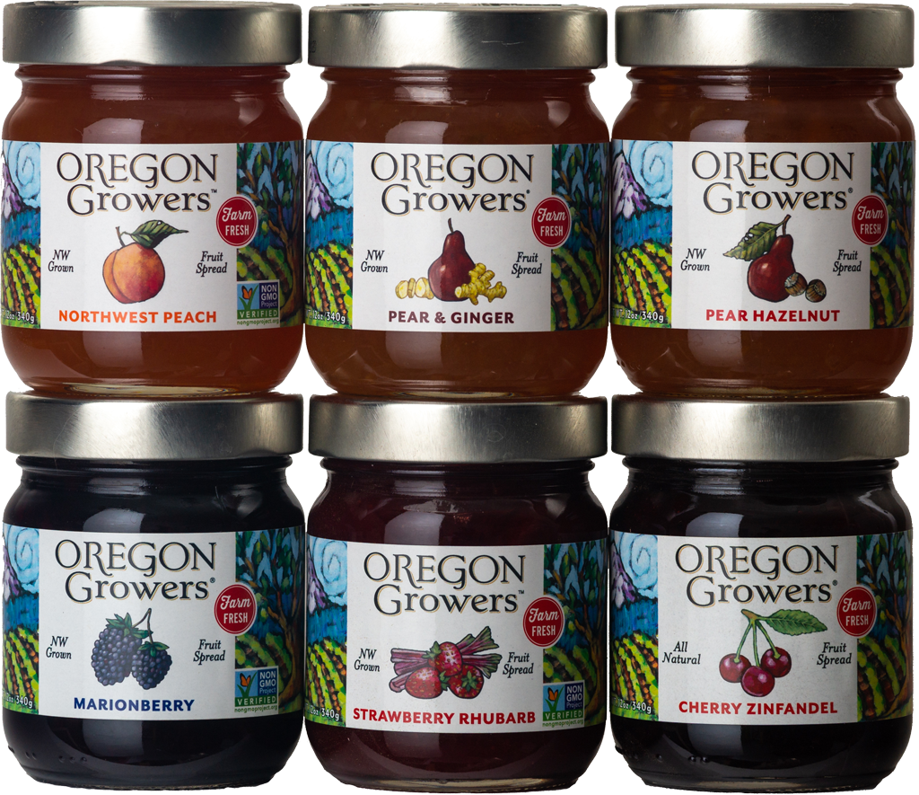 A close-up sampling of Oregon Growers' jams: 6 jams stacked 3 on 3.
