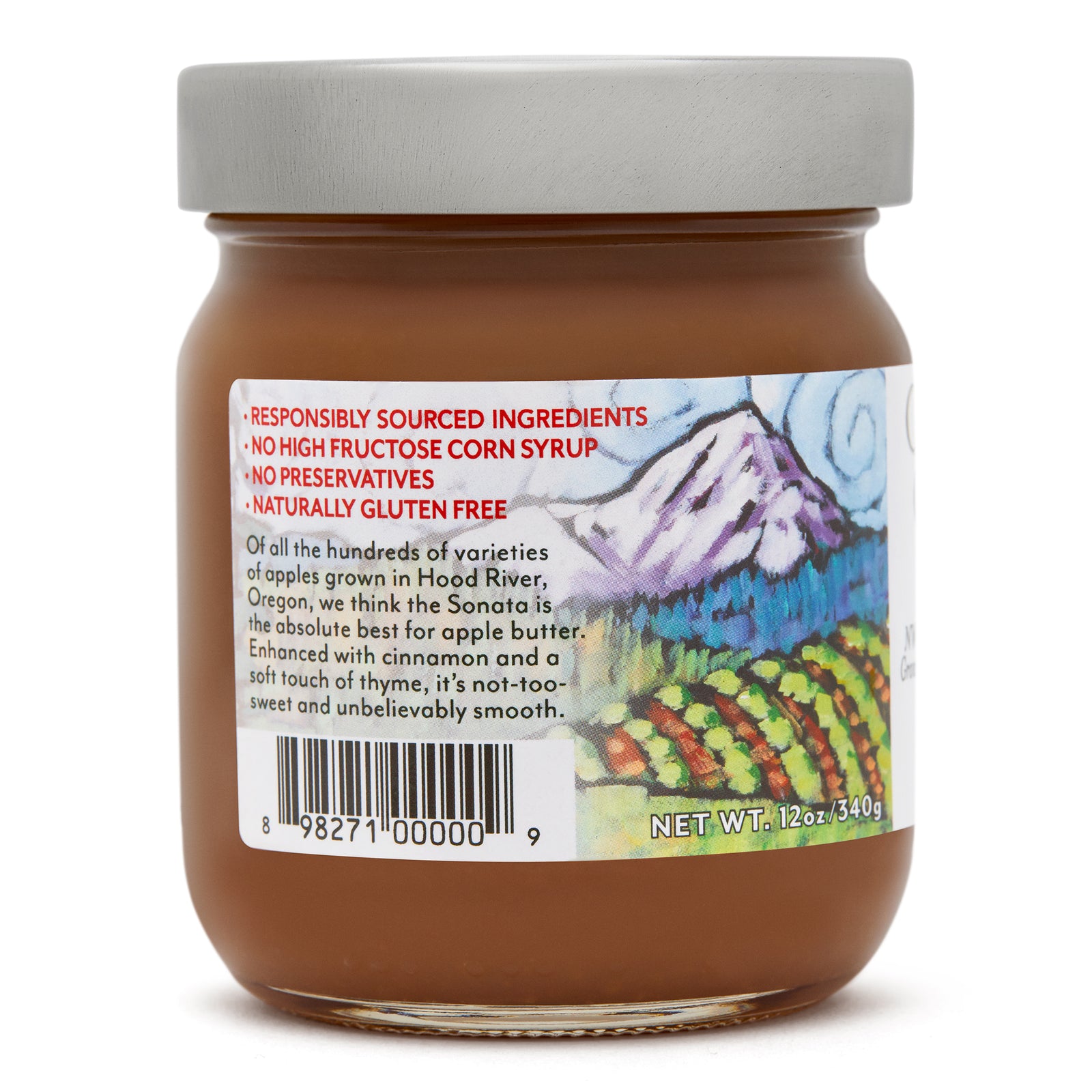 Close-up view (left side) of the Apple Butter in the 12 oz. glass jar.