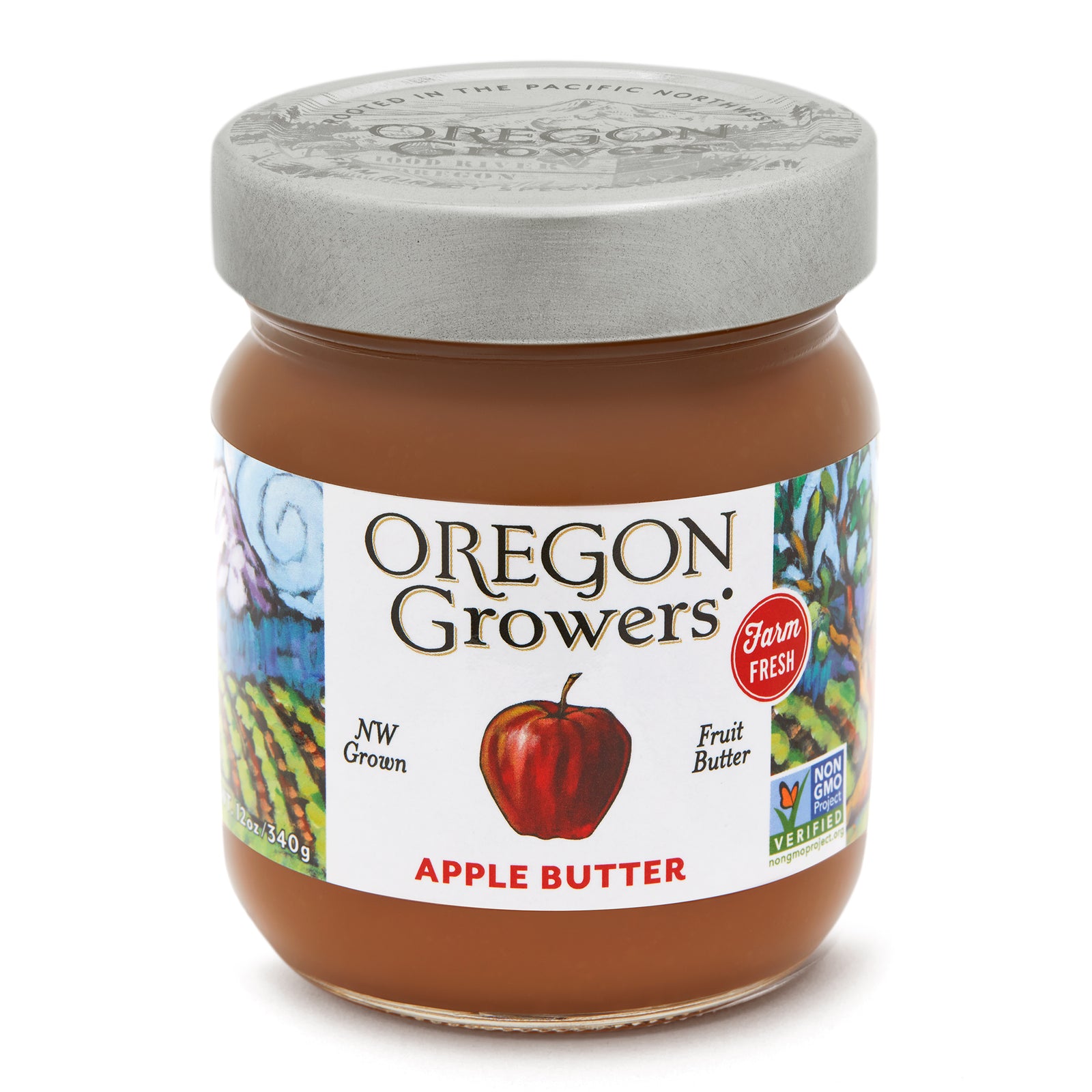 Close-up view (front side) of the Apple Butter in the 12 oz. glass jar.