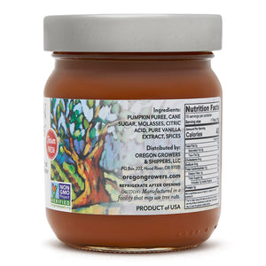 Close-up view (right side) of our Pumpkin Butter in the 12 oz. jar, showing detail information such as nutritional facts.