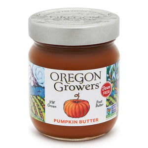 Close-up view (front side) of our Pumpkin Butter in the 12 oz. jar with the colorful label and 'FARM FRESH' badge.