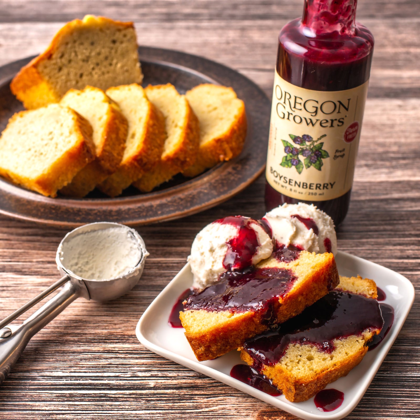Boysenberry Fruit Syrup drizzled as a dessert topping.