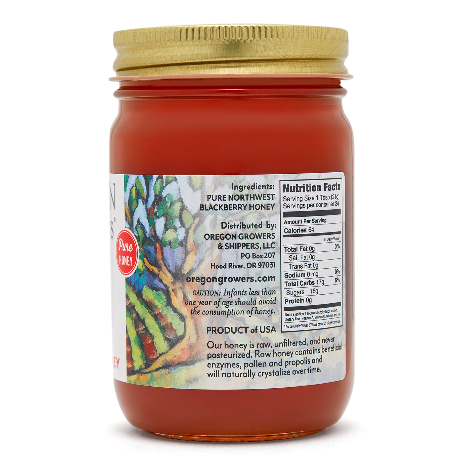 Close-up view (right side) of our Oregon Growers Blackberry Honey in the 18 oz. jar, showing detailed information such as ingredients and nutritional facts.