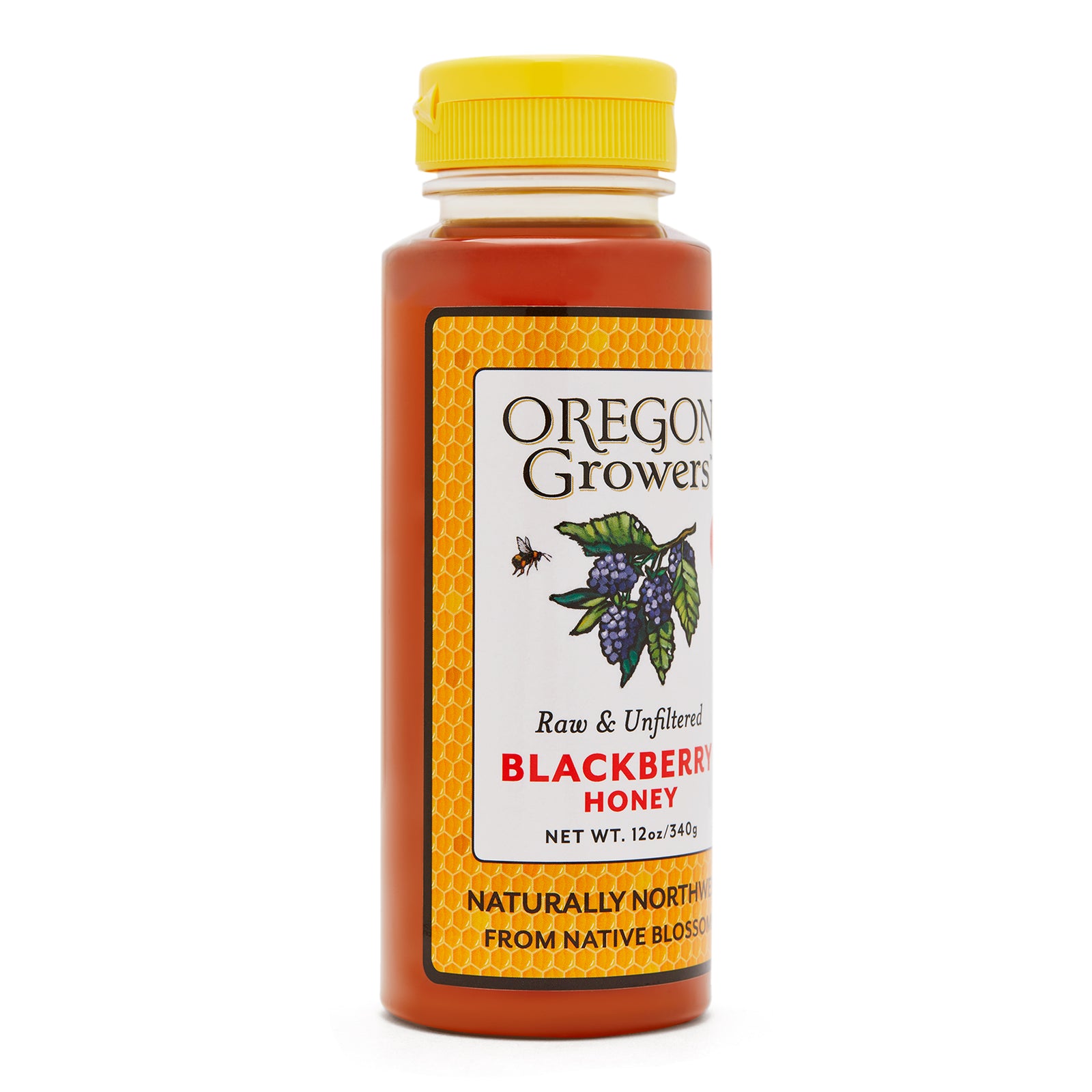 Close-up left side view of the Oregon Growers Blackberry Honey 12 oz. Squeeze Bottle.