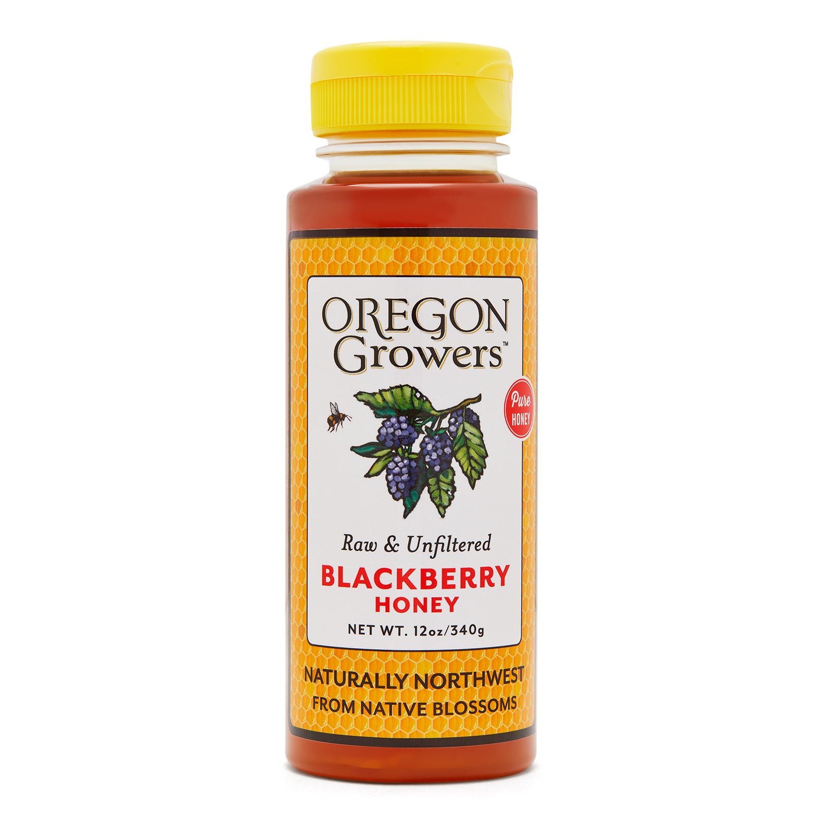 Close-up of the Oregon Growers Blackberry Honey 12 oz. Squeeze Bottle.