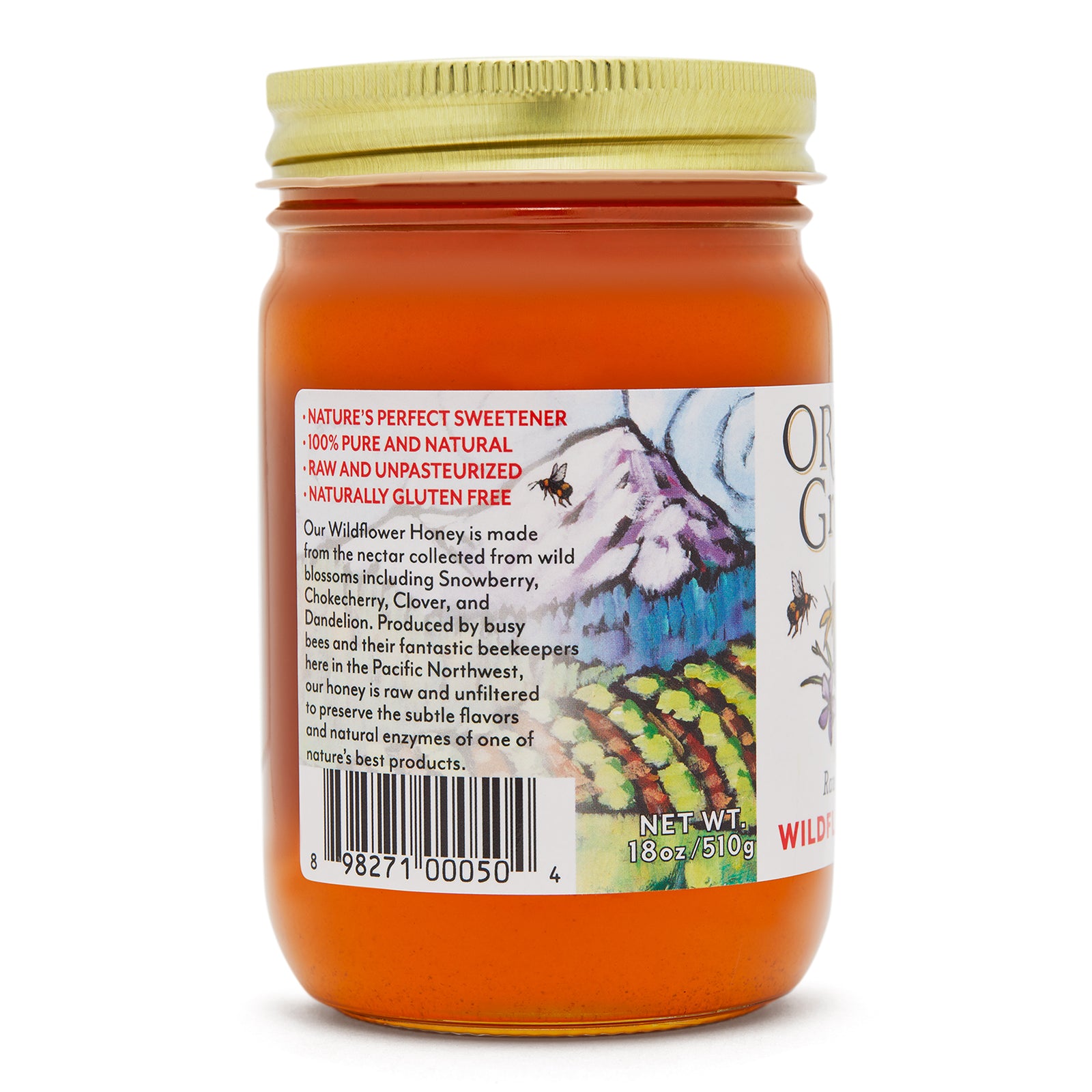 Close-up left side view of the Wildflower Honey 18 oz. glass jar.