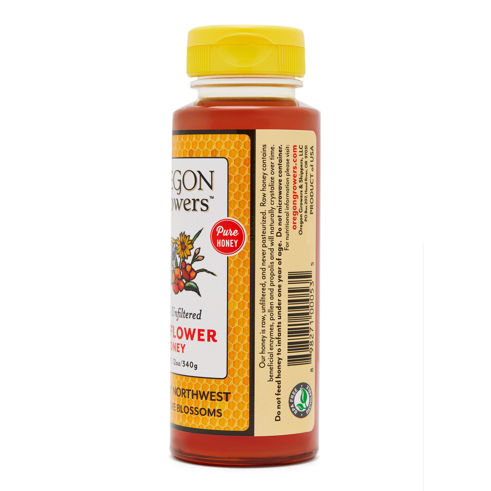 Close-up view (right side) of our Wildflower Honey in the 12 oz. Squeeze Bottle.