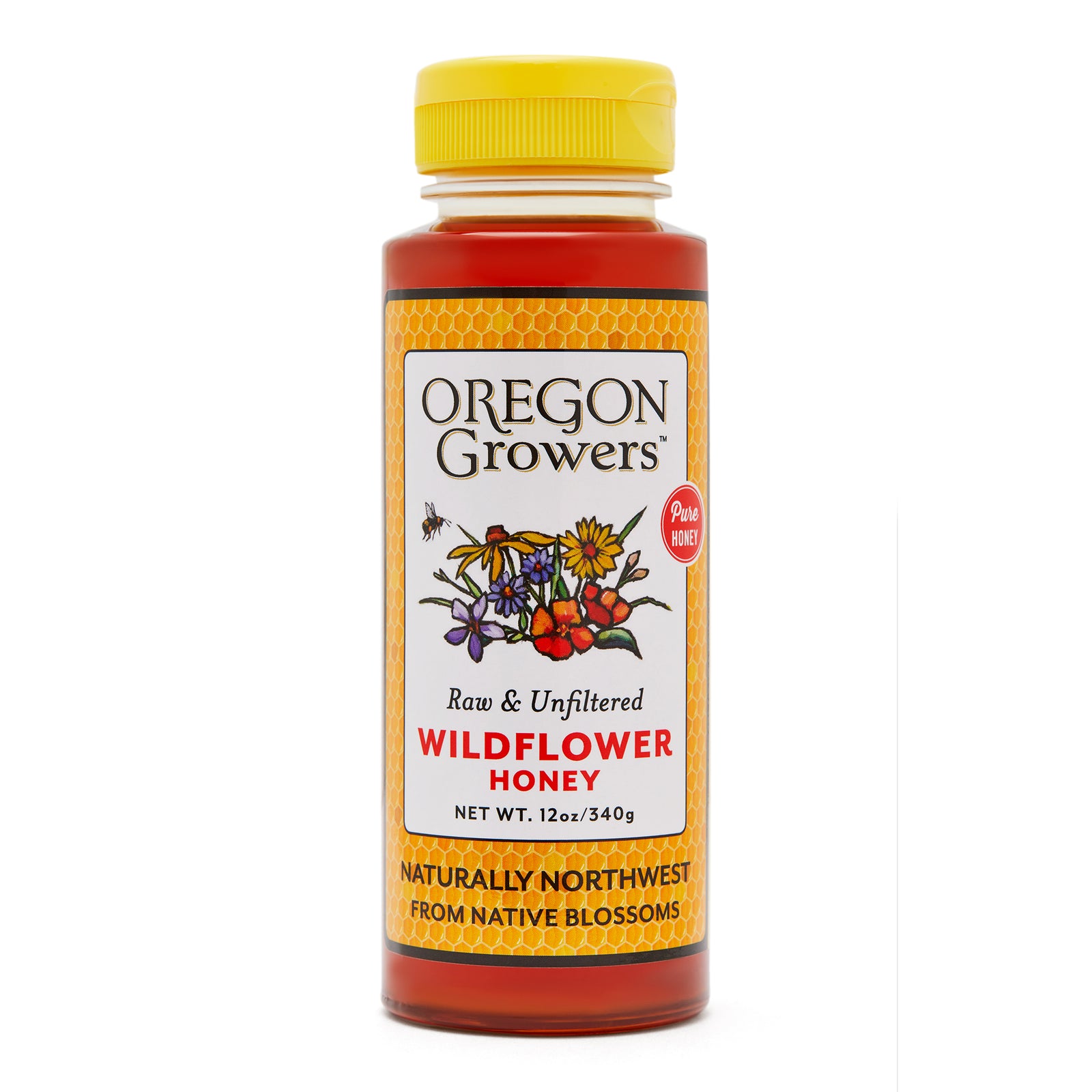 Close-up view (front side) of our Wildflower Honey in the 12 oz. Squeeze Bottle with the colorful label and 'FARM FRESH' badge.