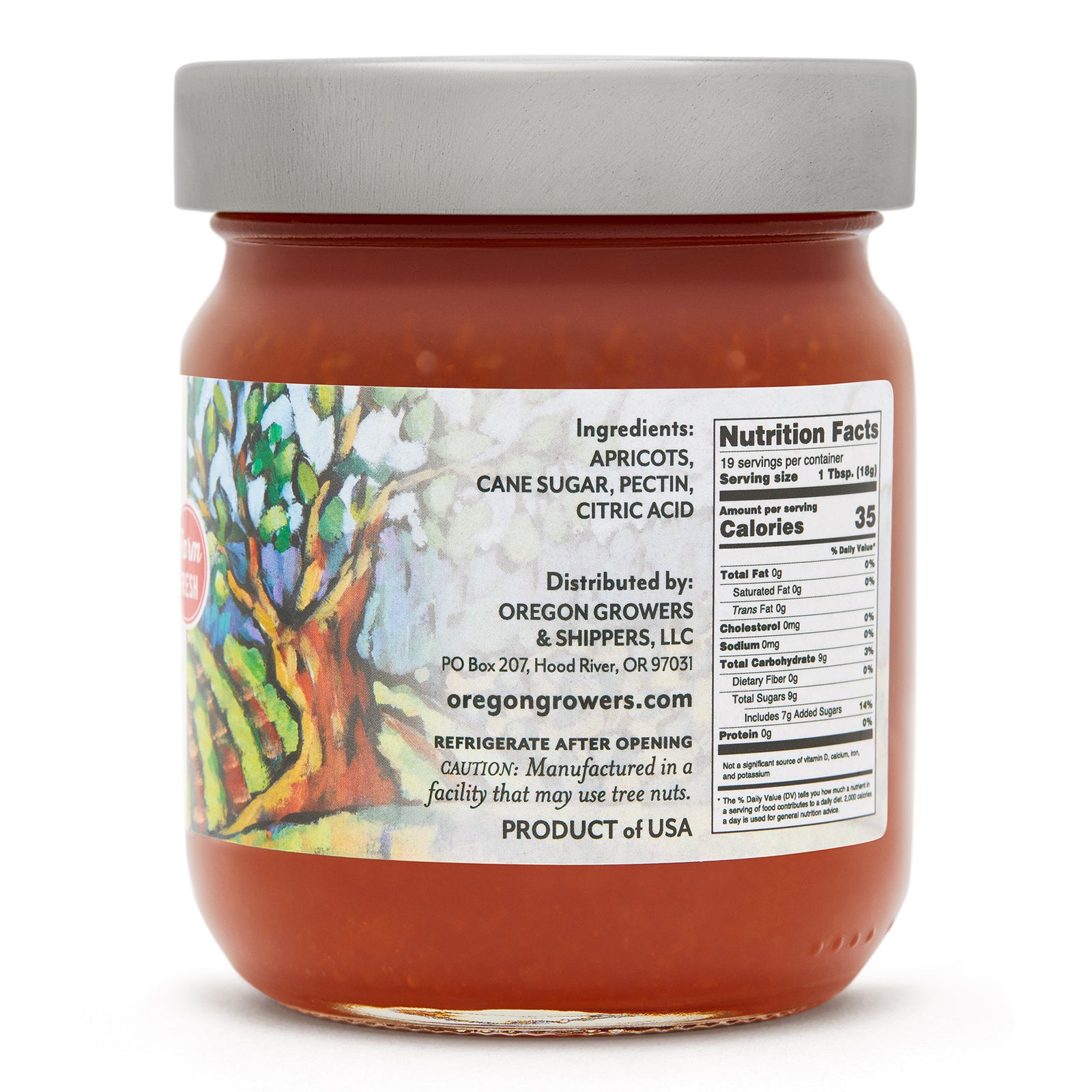 Close-up right side view of the Apricot Jam 12 oz. glass jar.