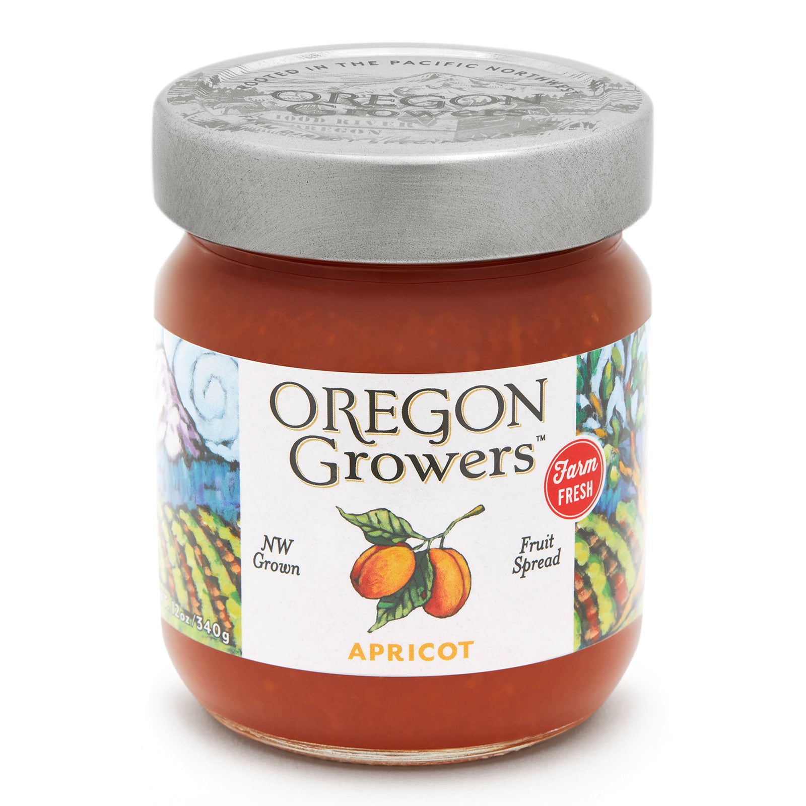 Close-up of the Apricot Jam 12 oz. glass jar.