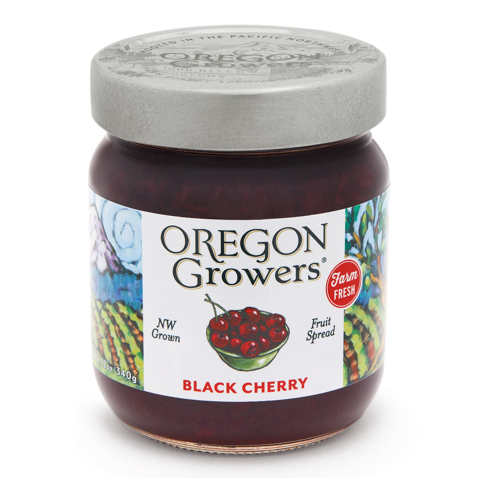 Close-up of the Oregon Grower Black Cherry Jam 12 oz. glass jar.