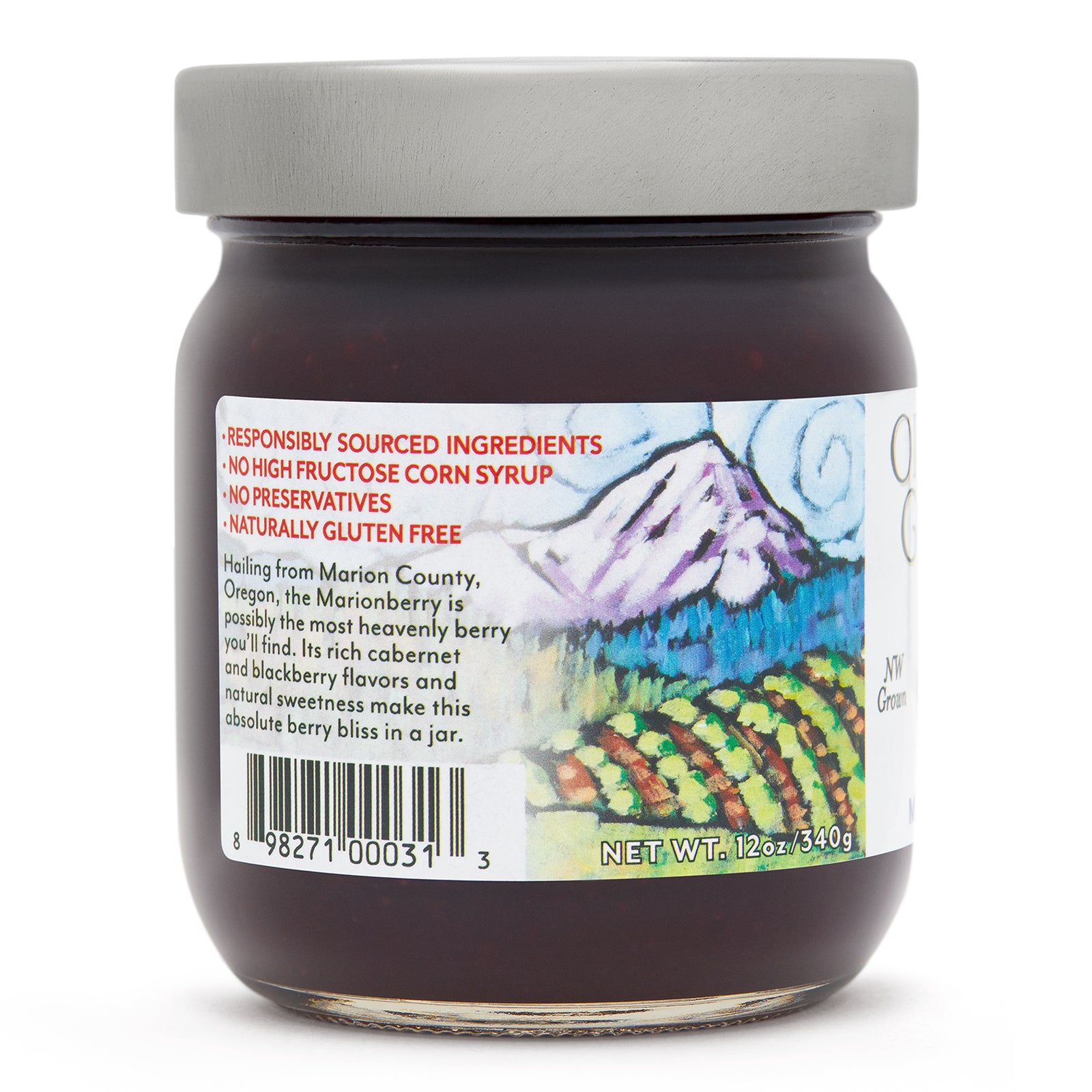Close-up left side view of the Oregon Growers Marionberry Jam 12 oz. glass jar, with label showing responsible sourcing information.