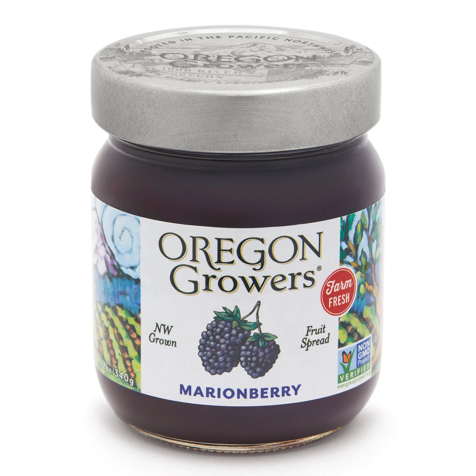 Close-up of the Oregon Growers Marionberry Jam 12 oz. glass jar.