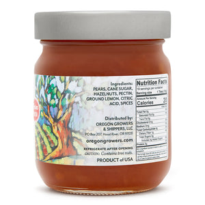 Close-up view (right side) of our Pear Hazelnut jam in the 12 oz. jar, showing detail information such as nutritional facts.