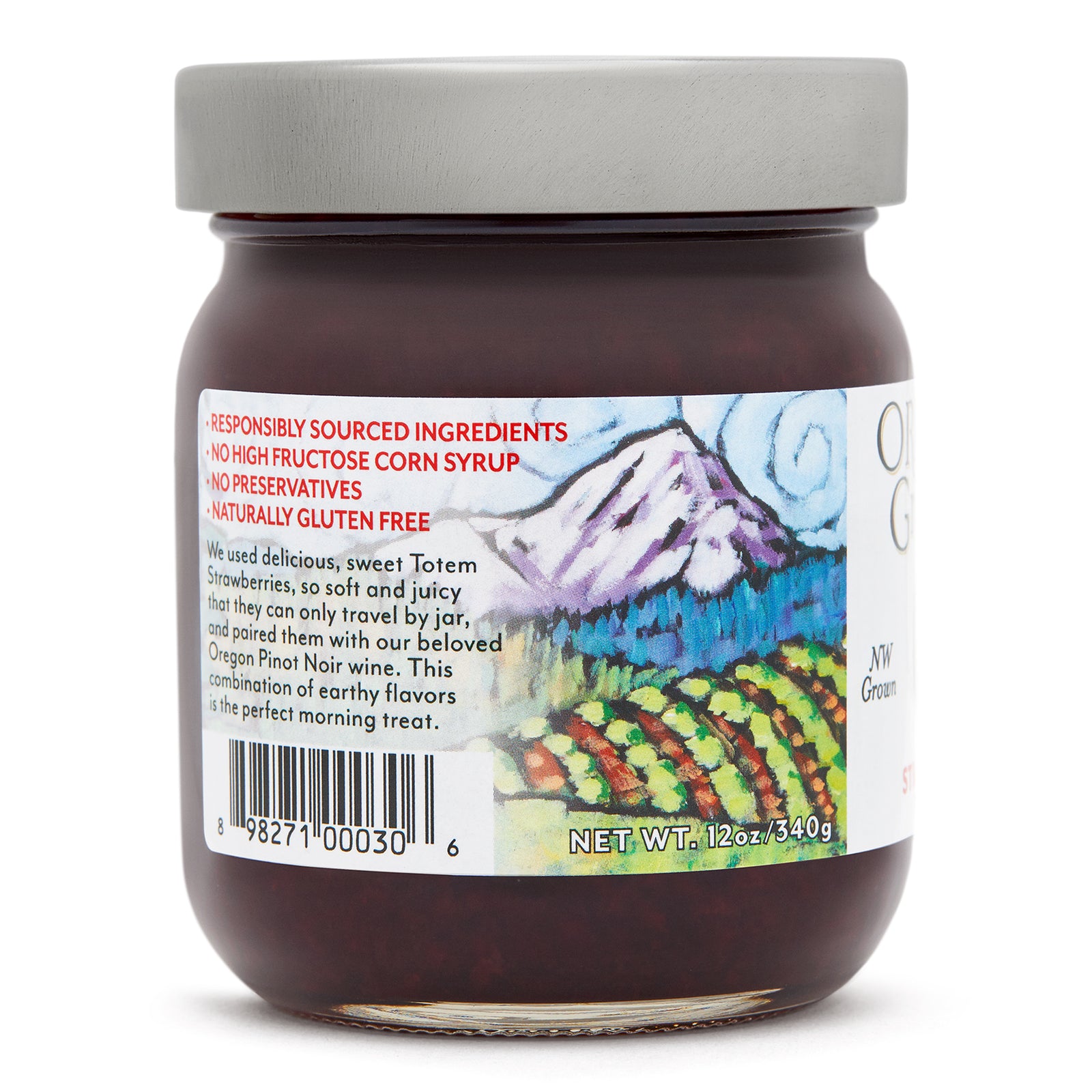 Close-up view (left side) of our Strawberry Pinot Noir Jam in the 12 ounce jar, showing general information such as product summary.