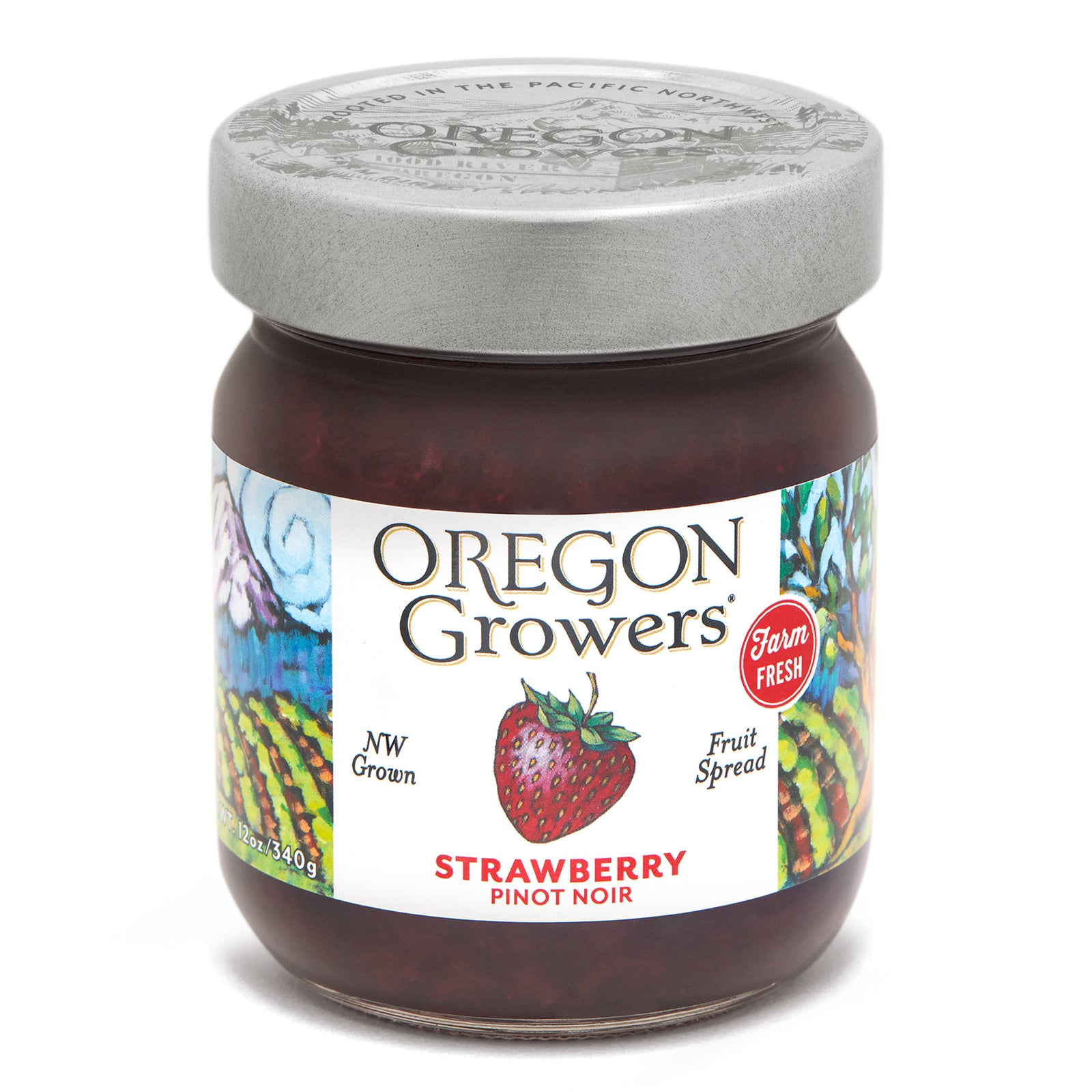 Close-up view (front side) of our Strawberry Pinot Noir Jam in the 12 ounce jar with the colorful label and 'FARM FRESH' badge.