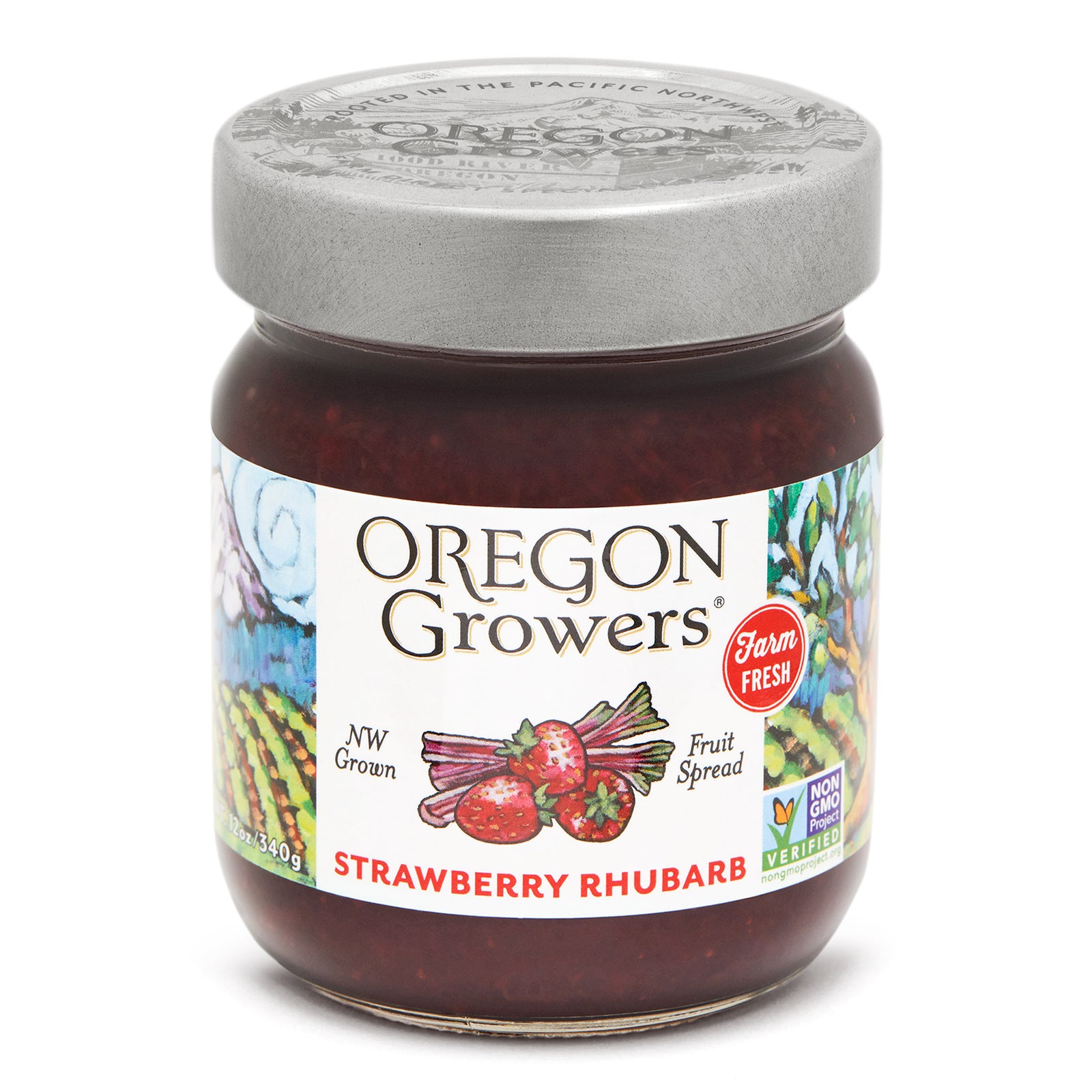 Close-up view (front side) of our Strawberry Rhubarb Jam in the 12 ounce jar with the colorful label and 'FARM FRESH' badge.