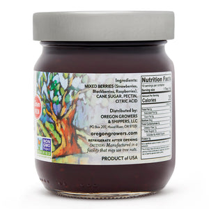 Close-up view (right side) of our Triple Berry Jam in the 12 ounce jar, showing detail information such as nutritional facts.