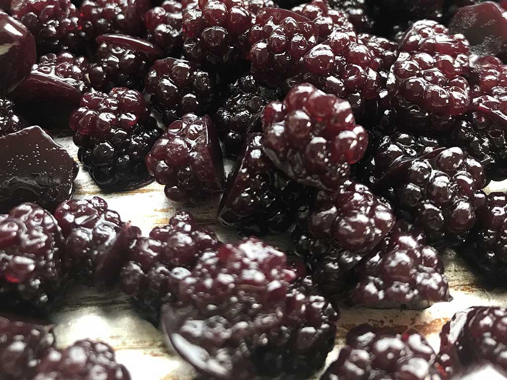 Homemade gummies prepared with Oregon Growers Marionberry Fruit Syrup and gar-agar vegetarian gelatin.