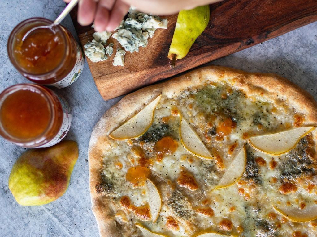 The Pear & Blue Cheese Pizza, prepared according to the recipe and drizzled with Oregon Grower's Pear and Hazelnut Jam.