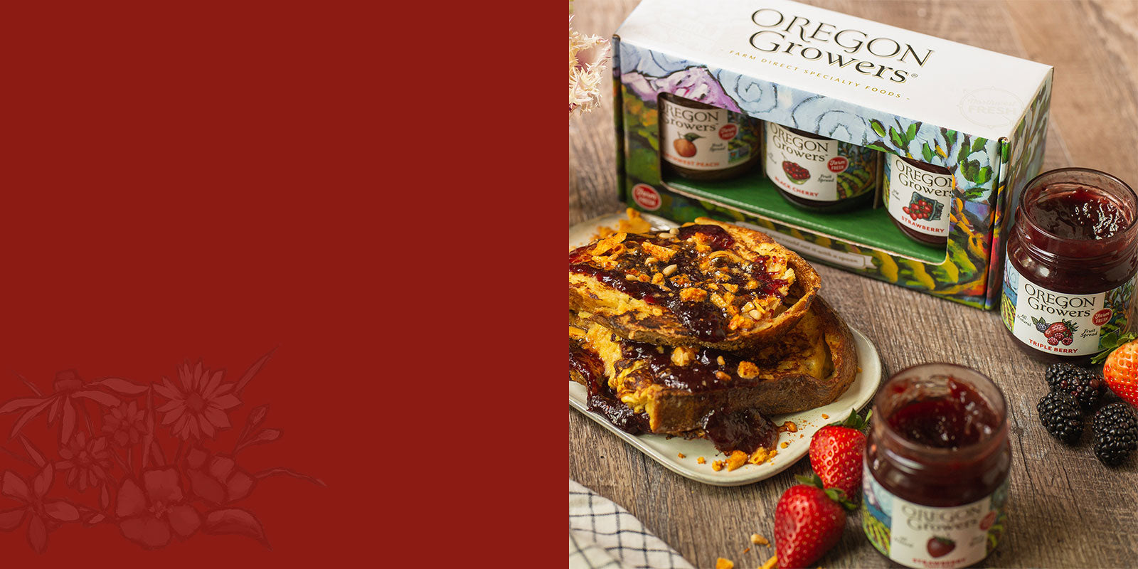 A gift box promotional close-up of our Oregon Berry Gift Trio on a serving board with a plate of toast.