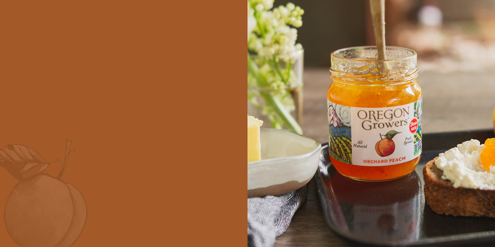 A split image showing a peach watermark on a peachy background on the left side and a jar of Oregon Grower's Orchard peach jam next to toast and butter on a breakfast table on the right side.
