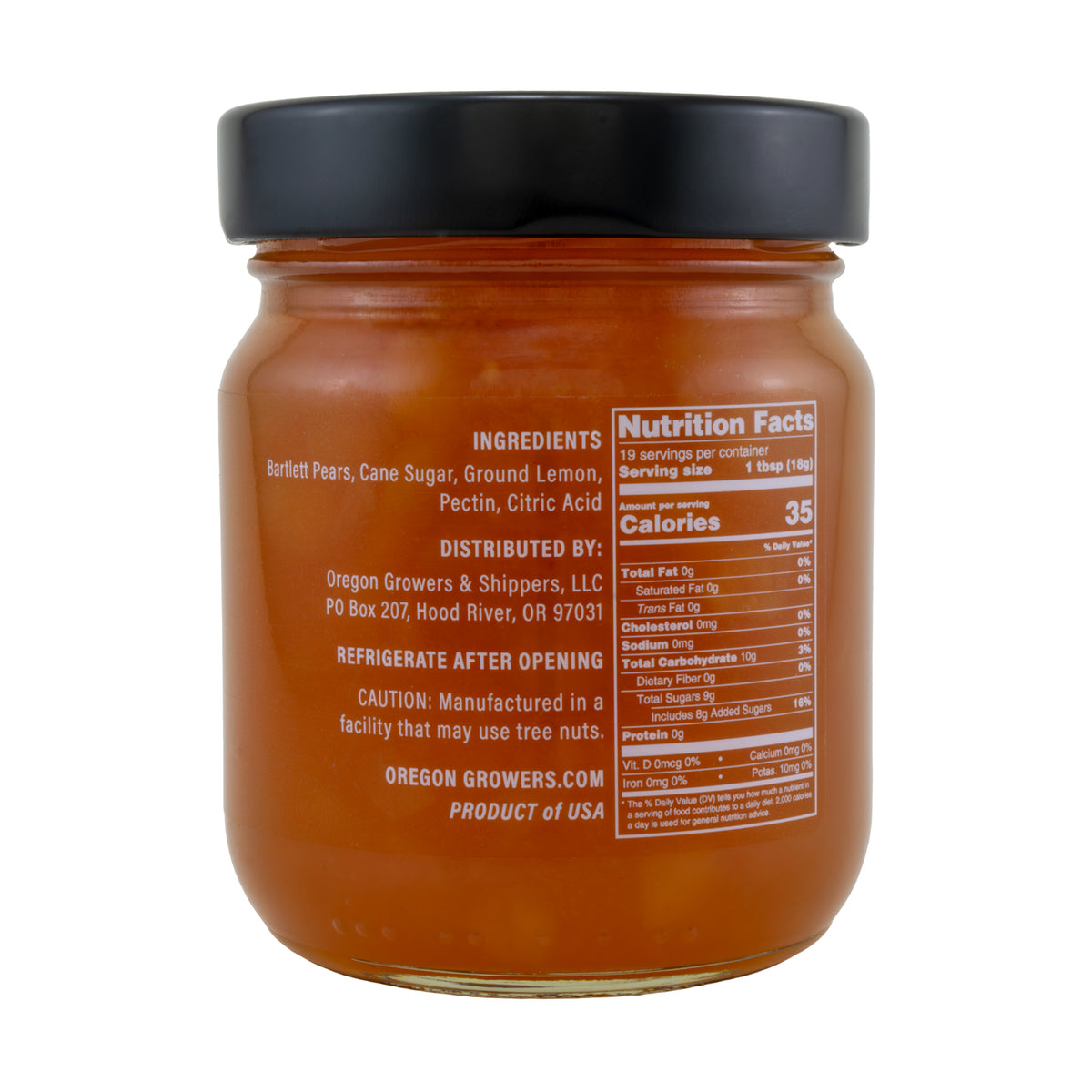 Close-up right side view of Oregon Growers Lemon Pear Fruit Pate jar, highlighting a label with ingredients, nutritional facts, and product details. The 12 oz (340 g) jar is topped with a black lid.