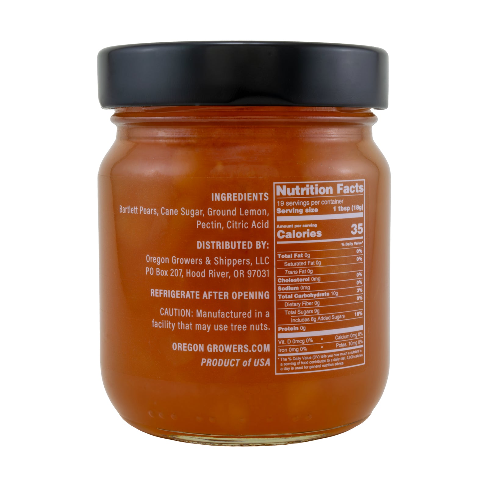 Close-up right side view of Oregon Growers Lemon Pear Fruit Pate jar, highlighting a label with ingredients, nutritional facts, and product details. The 12 oz (340 g) jar is topped with a black lid.