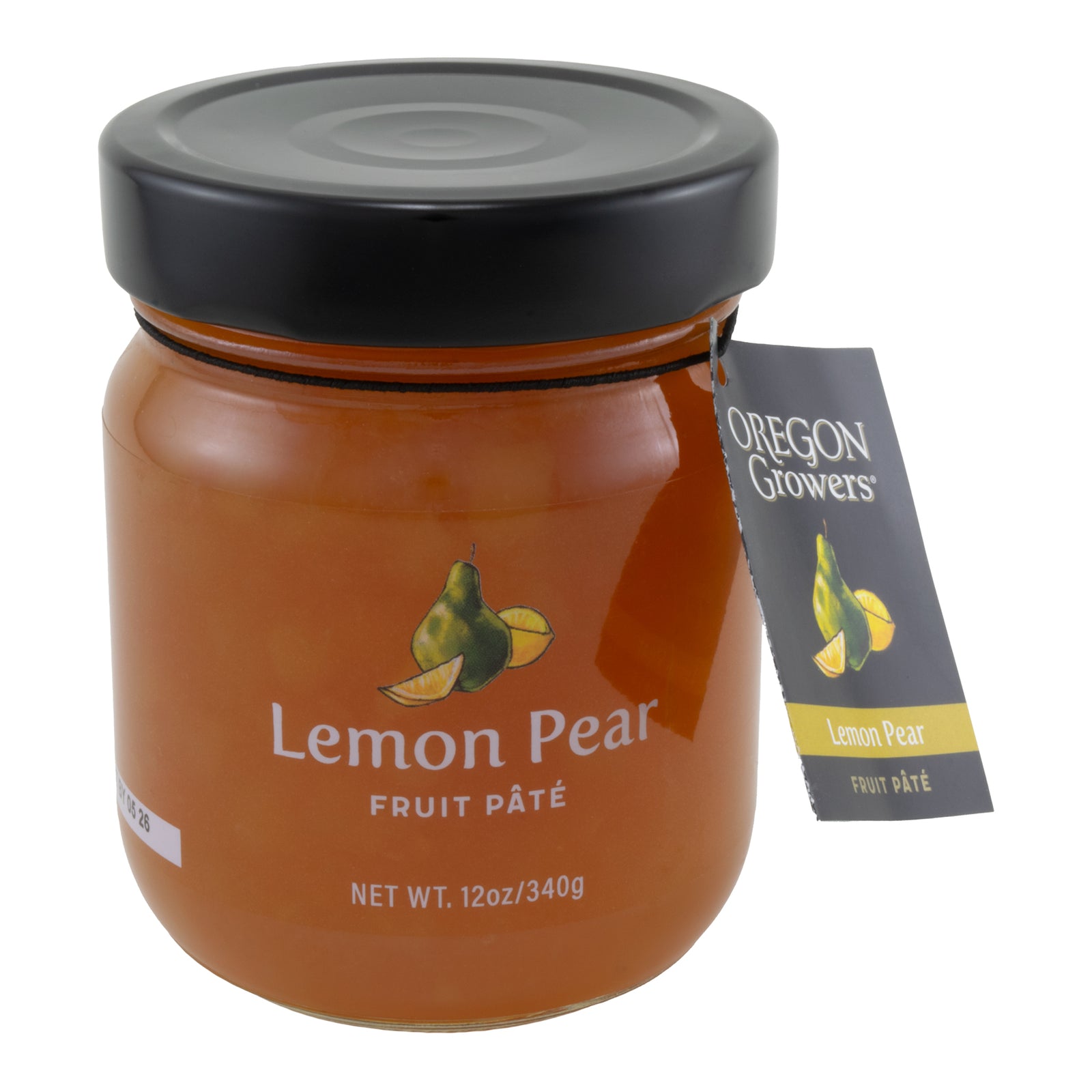 A jar of Lemon Pear Fruit Pate with a hang tag indicating it's made by Oregon Growers. The jar is sealed with a black lid and has a net weight of 12 oz/340g.