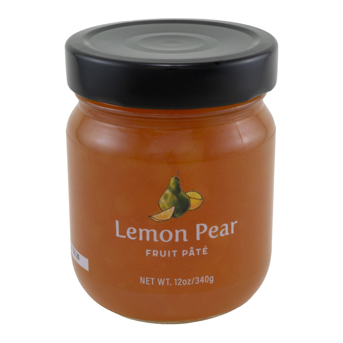 A glass jar of Lemon Pear Fruit Pate made by Oregon Growers. The jar is sealed with a black lid and has a net weight of 12 oz/340g.