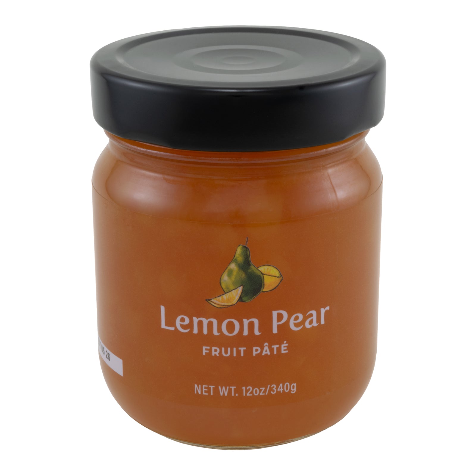 A glass jar of Lemon Pear Fruit Pate made by Oregon Growers. The jar is sealed with a black lid and has a net weight of 12 oz/340g.