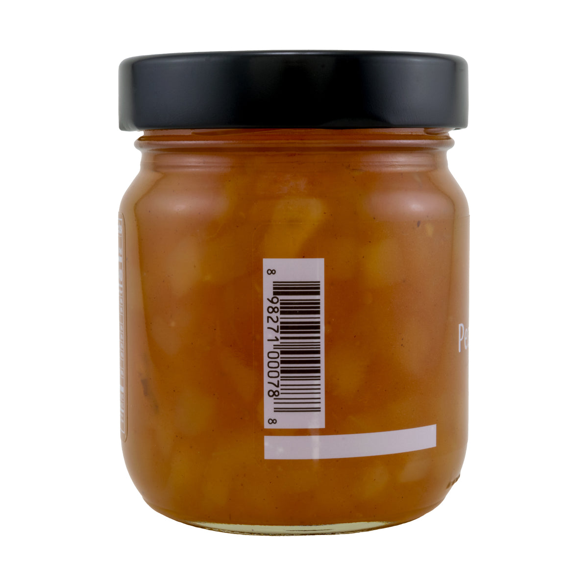 Close-up left side view of the Oregon Growers Pear Hazelnut Fruit Pate, showing a bar code. The jar is sealed with a black lid and has a net weight of 12 oz/340g.