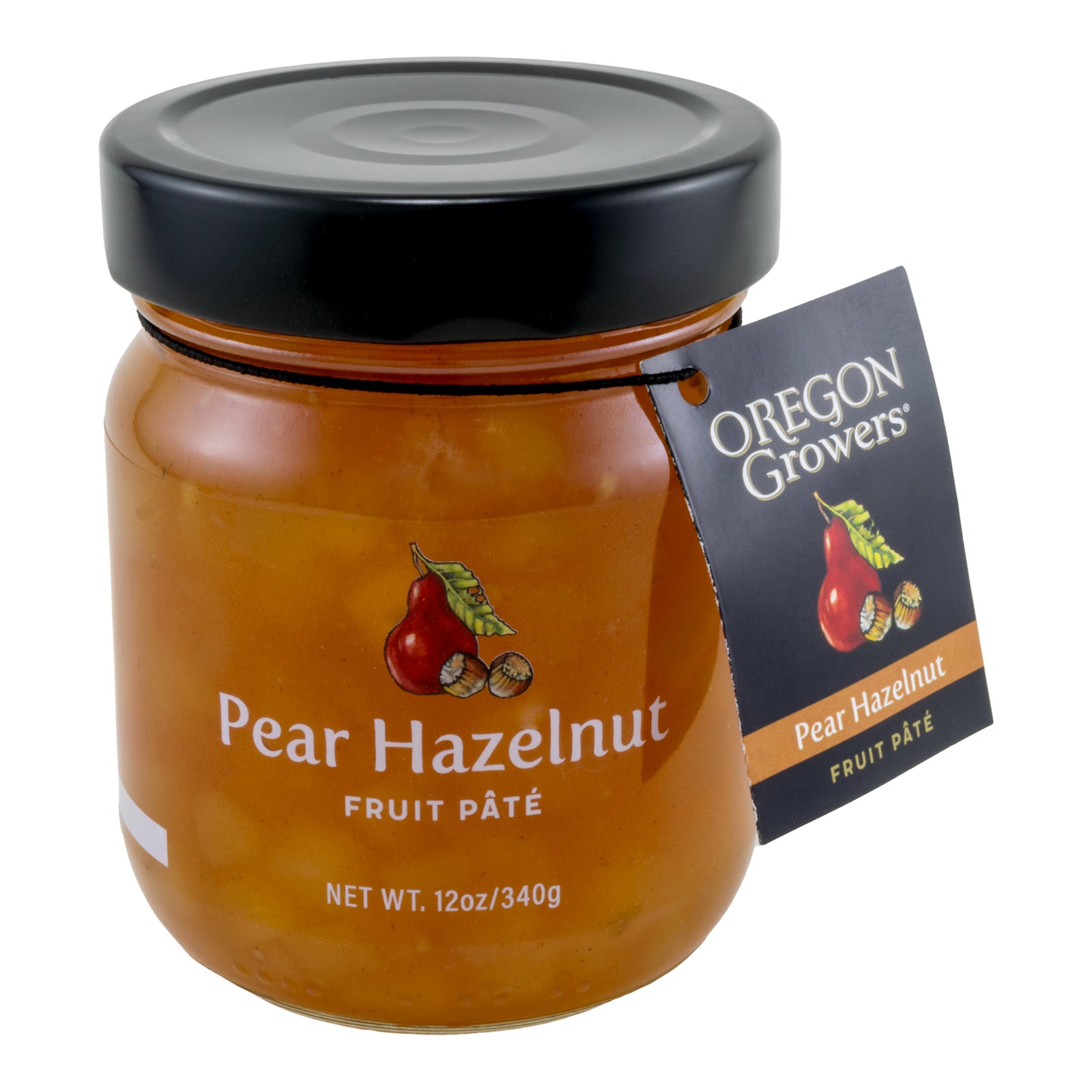 A jar of Pear Hazelnut Fruit Pate with a hang tag indicating it's made by Oregon Growers. The jar is sealed with a black lid and has a net weight of 12 oz/340g.
