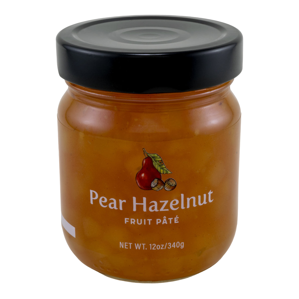 A glass jar of Pear Hazelnut Fruit Pate made by Oregon Growers. The jar is sealed with a black lid and has a net weight of 12 oz/340g.