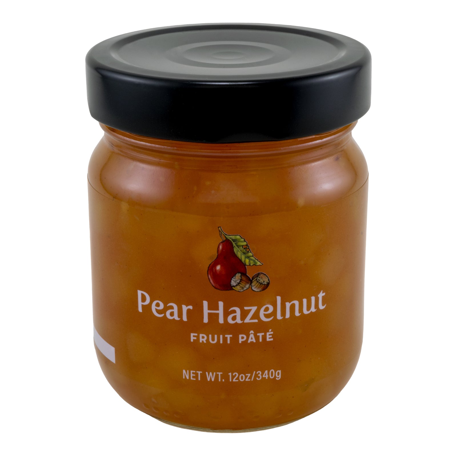 A glass jar of Pear Hazelnut Fruit Pate made by Oregon Growers. The jar is sealed with a black lid and has a net weight of 12 oz/340g.
