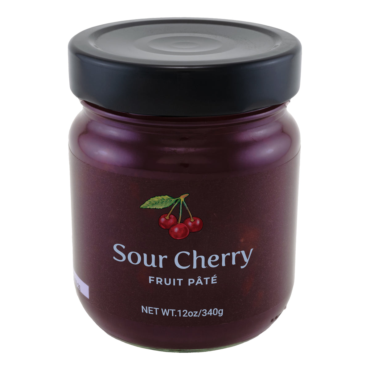 A glass jar of Sour Cherry Fruit Pate made by Oregon Growers. The jar is sealed with a black lid and has a net weight of 12 oz/340g.