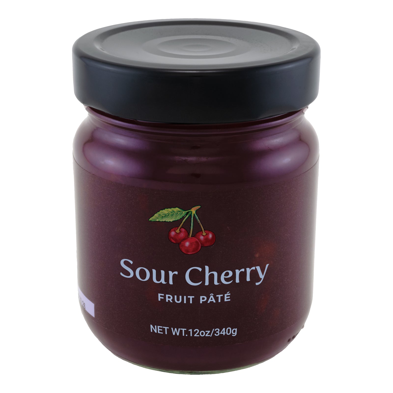 A glass jar of Sour Cherry Fruit Pate made by Oregon Growers. The jar is sealed with a black lid and has a net weight of 12 oz/340g.