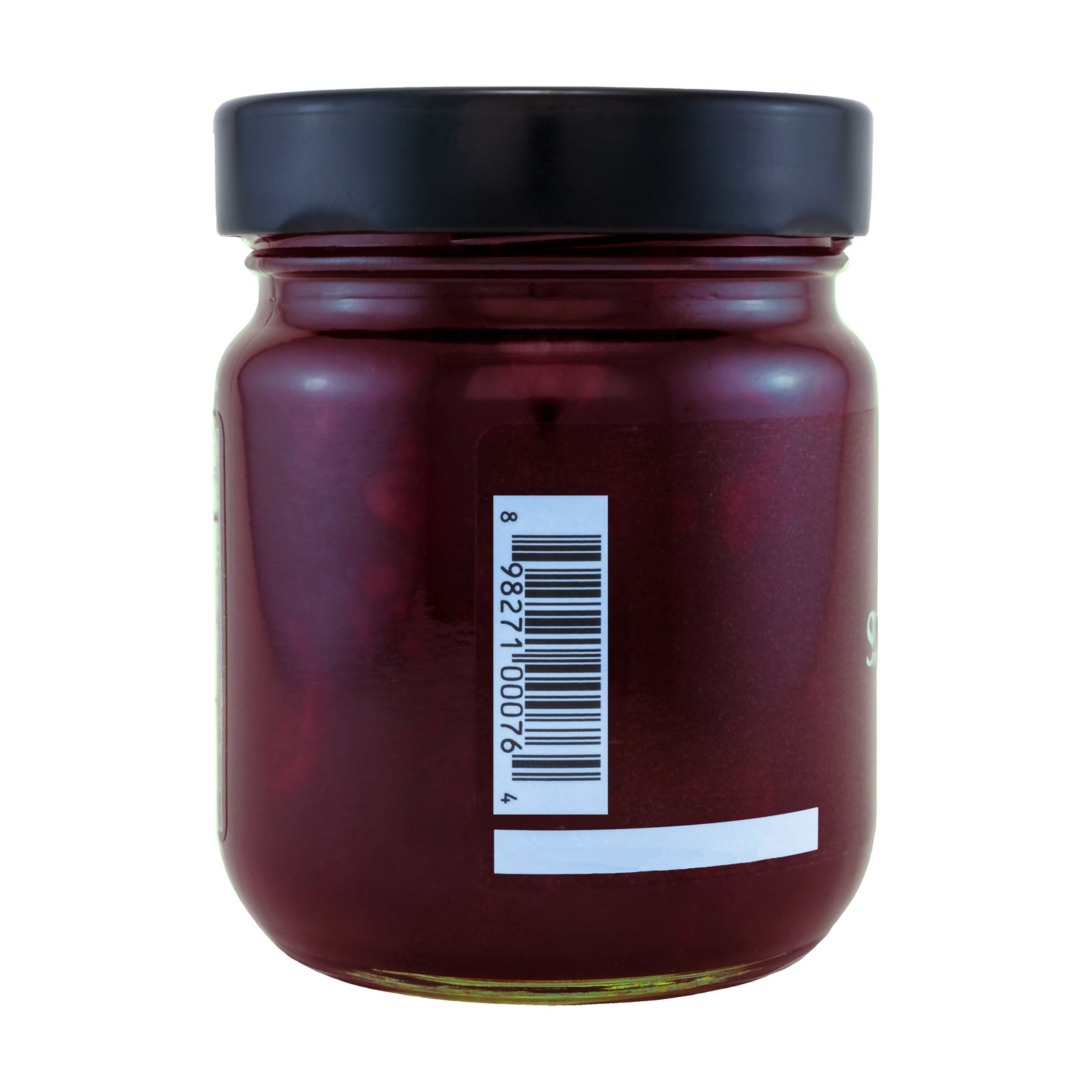 Close-up left side view of the Oregon Growers Sour Cherry Fruit Pate, showing a bar code. The jar is sealed with a black lid and has a net weight of 12 oz/340g.