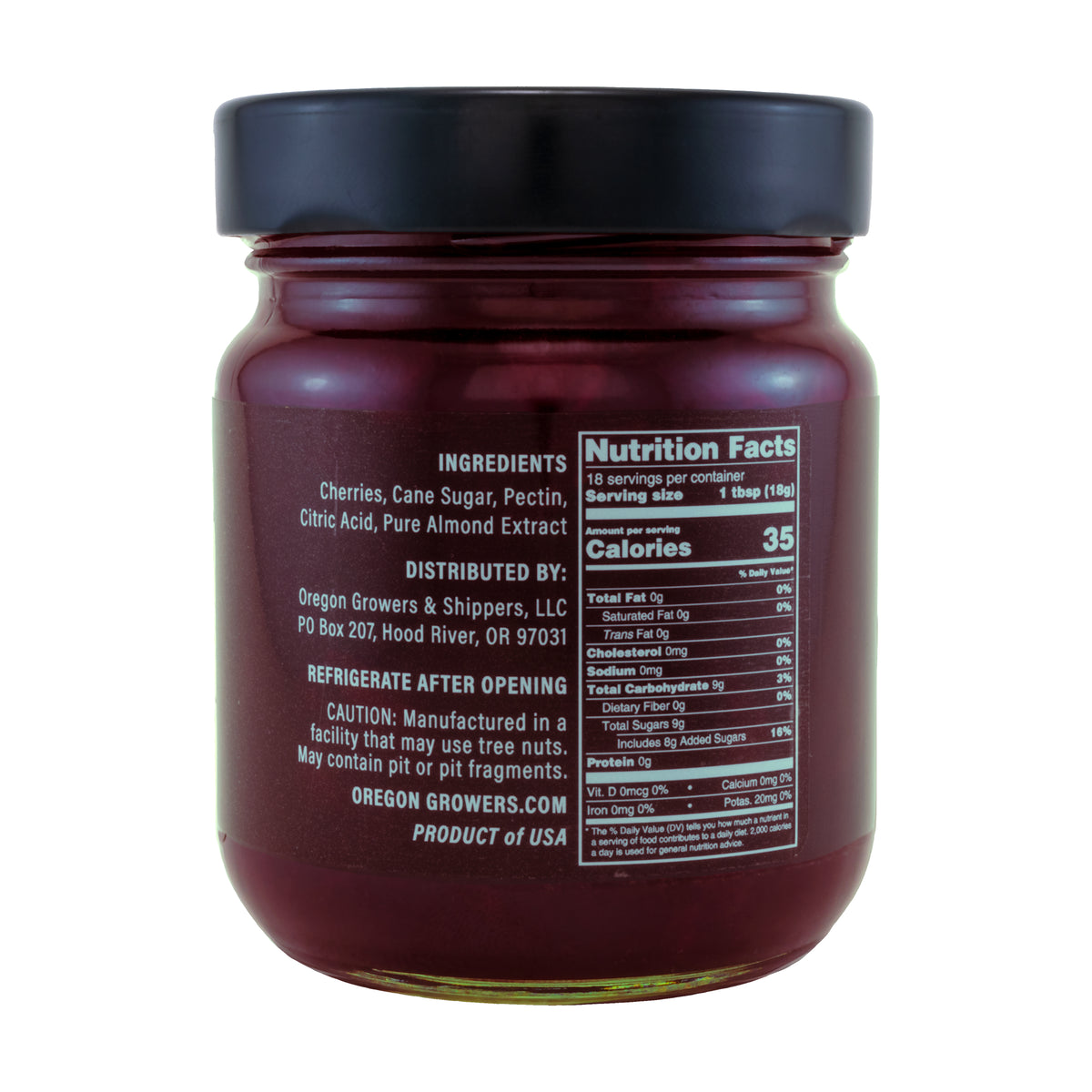 Close-up right side view of Oregon Growers Sour Cherry Fruit Pate jar, highlighting a label with ingredients, nutritional facts, and product details. The 12 oz (340 g) jar is topped with a black lid.
