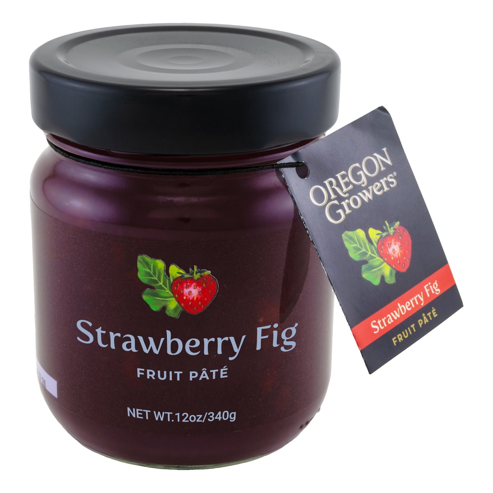 A jar of Strawberry Fig Fruit Pate with a hang tag indicating it's a made by Oregon Growers. The jar is sealed with a black lid and has a net weight of 12 oz/340g.