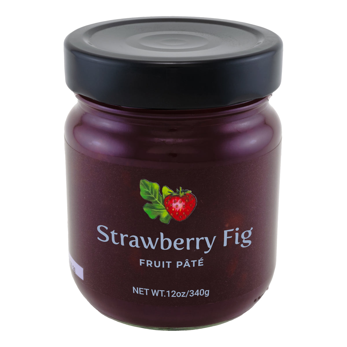 A glass jar of Strawberry Fig Fruit Pate made by Oregon Growers. The jar is sealed with a black lid and has a net weight of 12 oz/340g.
