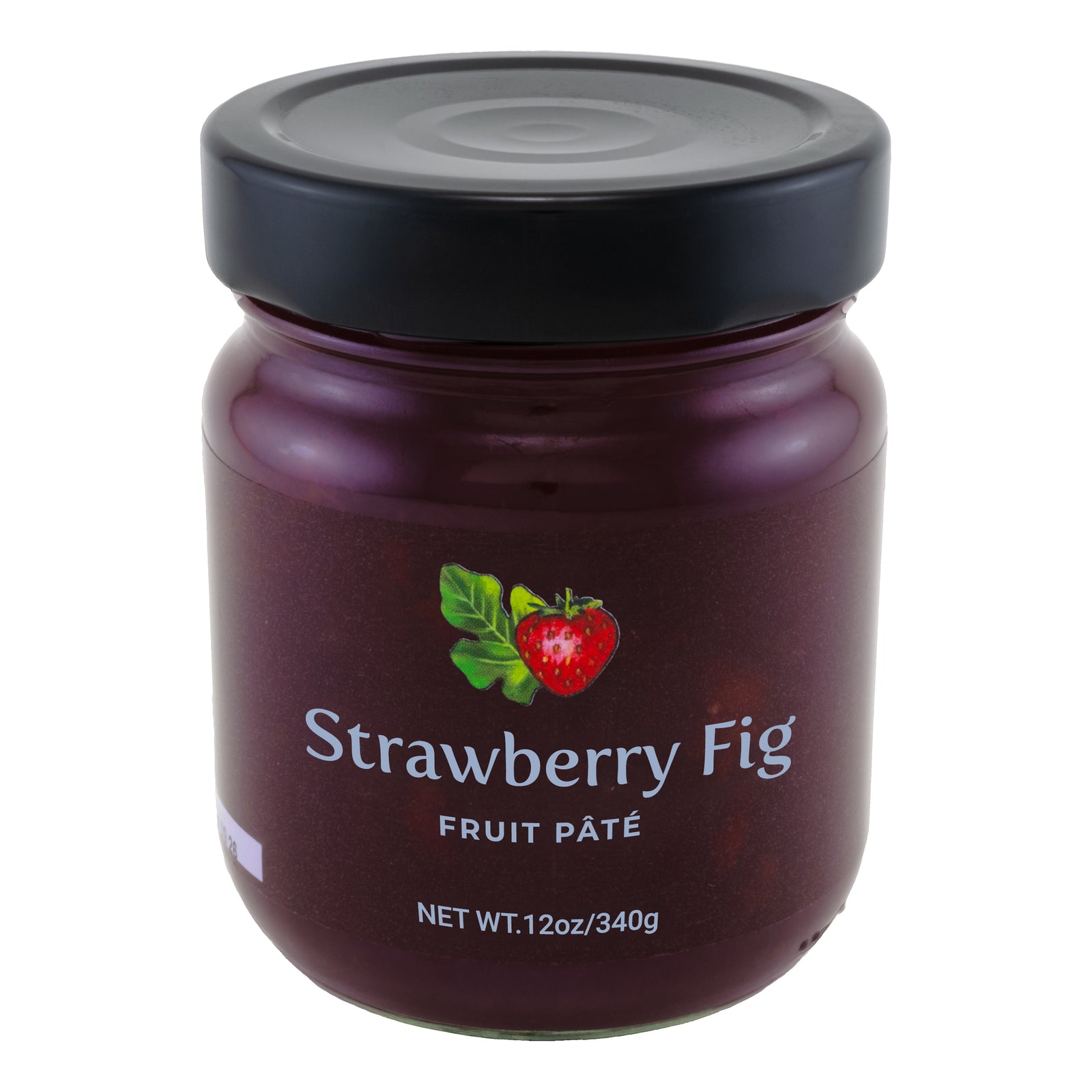 A glass jar of Strawberry Fig Fruit Pate made by Oregon Growers. The jar is sealed with a black lid and has a net weight of 12 oz/340g.