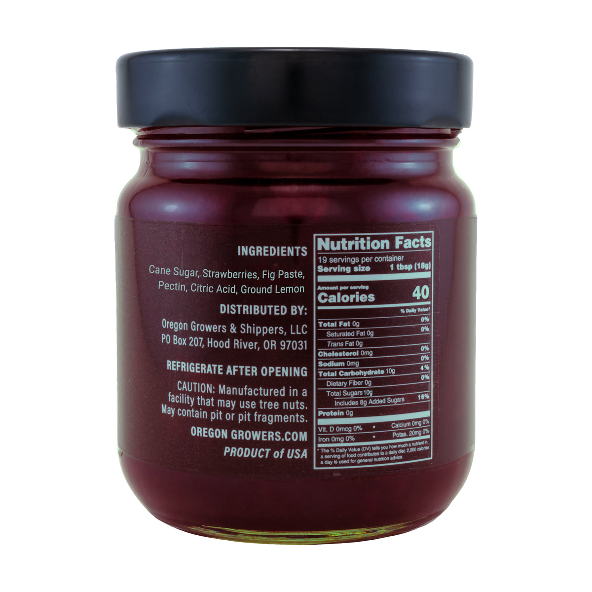 Close-up right side view of Oregon Growers Strawberry Fig Fruit Pate jar, highlighting a label with ingredients, nutritional facts, and product details. The 12 oz (340 g) jar is topped with a black lid.