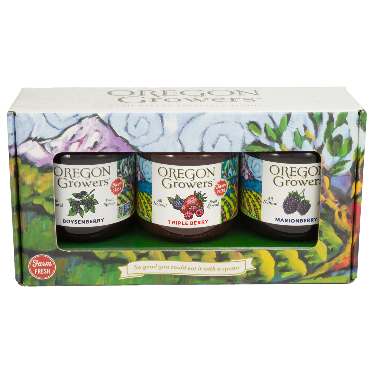 Front view of the Oregon Growers Gift Box called Summer Bounty Trio with 3 products - Boysenberry Jam ,  Triple Berry Jam, and Marionberry Jam.