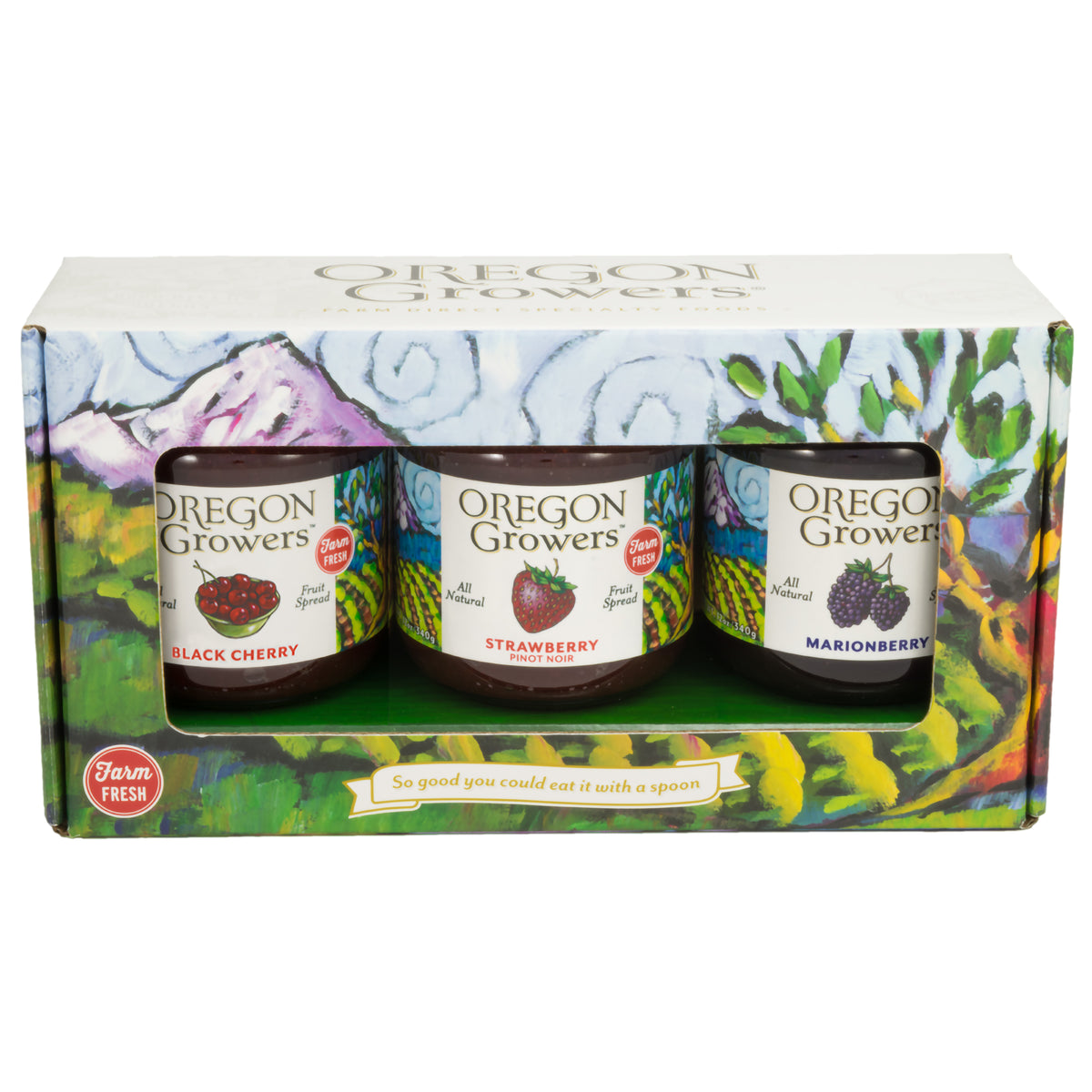 Front view of the Oregon Growers Gift Box called Vineyard Selection Gift Trio with 3 products - Strawberry Pinot Noir Jam ,  Black Cherry Jam,  Marionberry Jam.