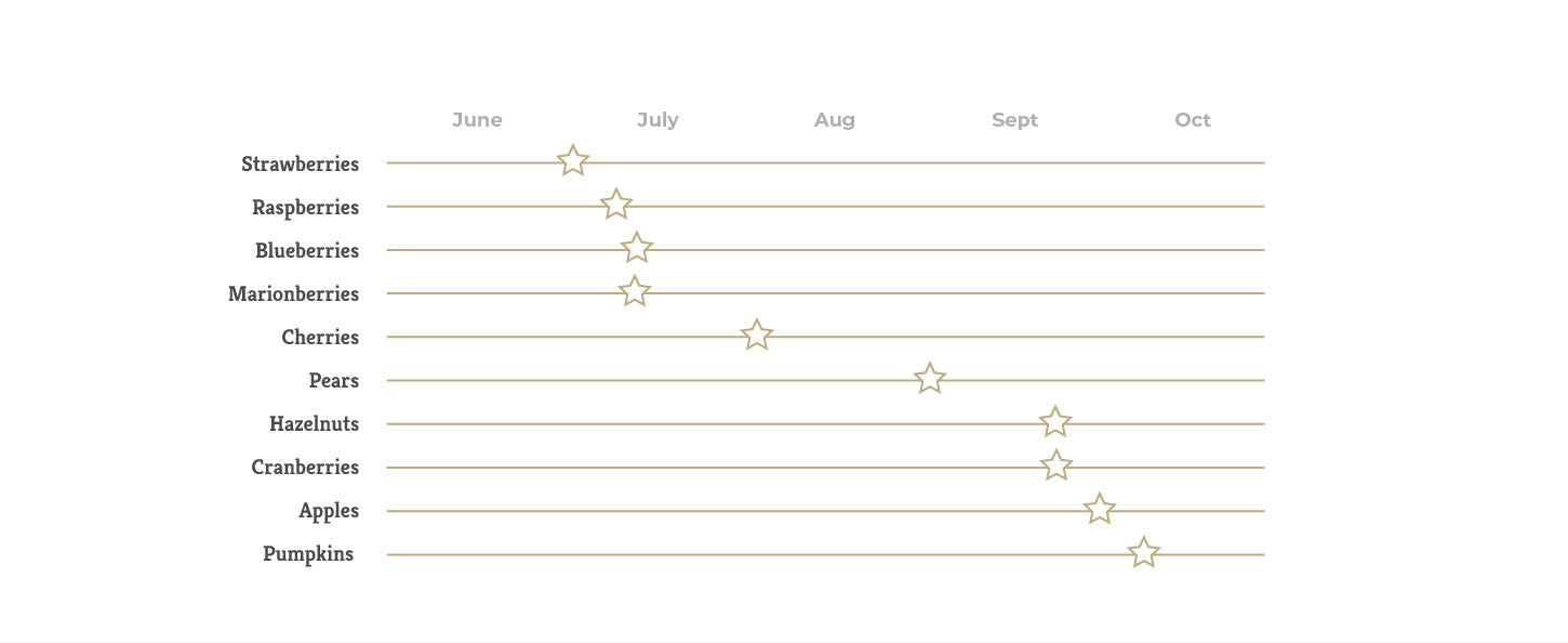 Calendar indicating typical harvest dates for Oregon Growers fruits and other farm products.